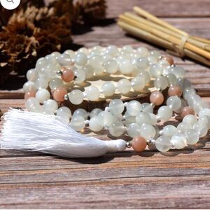 Elegant White Moonstone & Sandalwood Mala Meditation Necklace